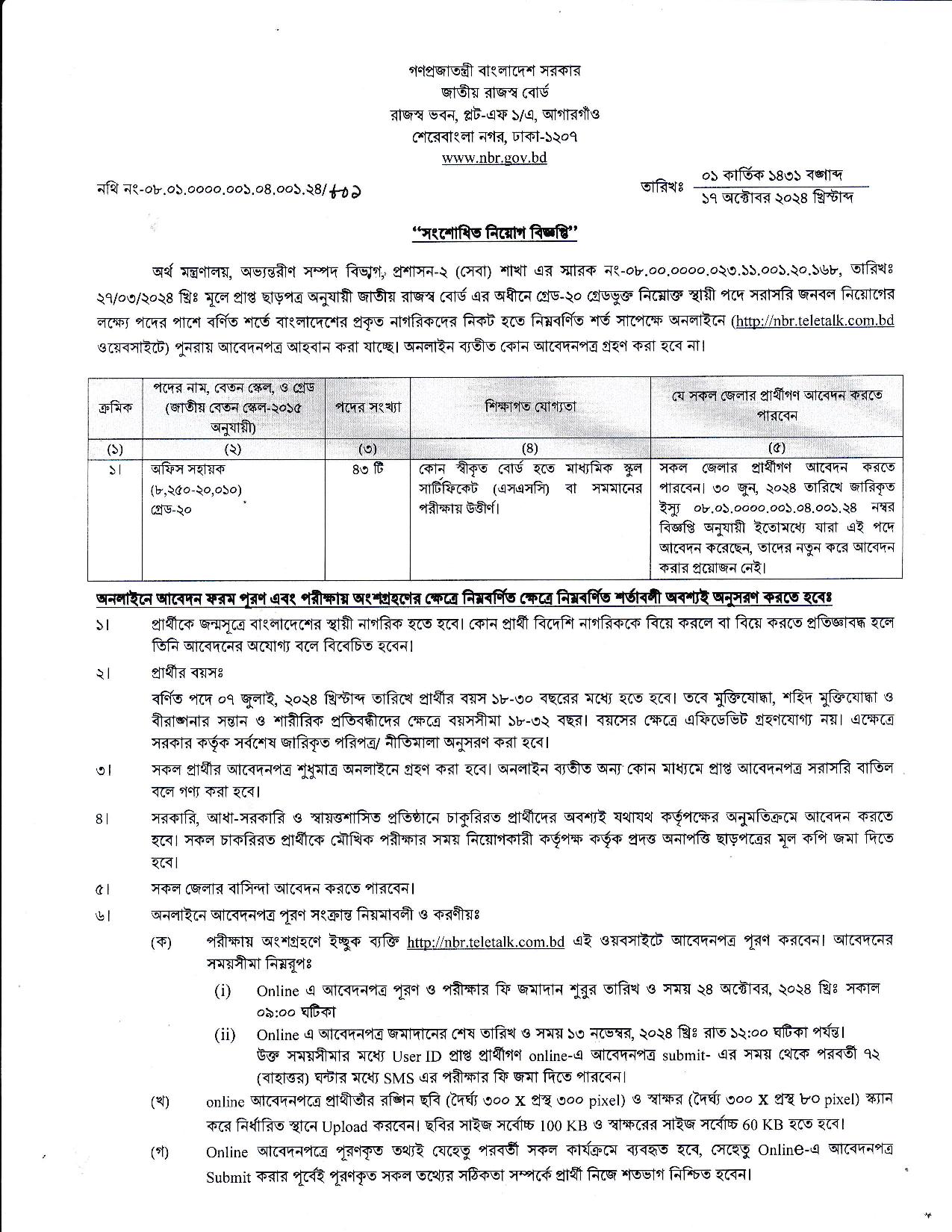 National Board of Revenue Job Circular 2024