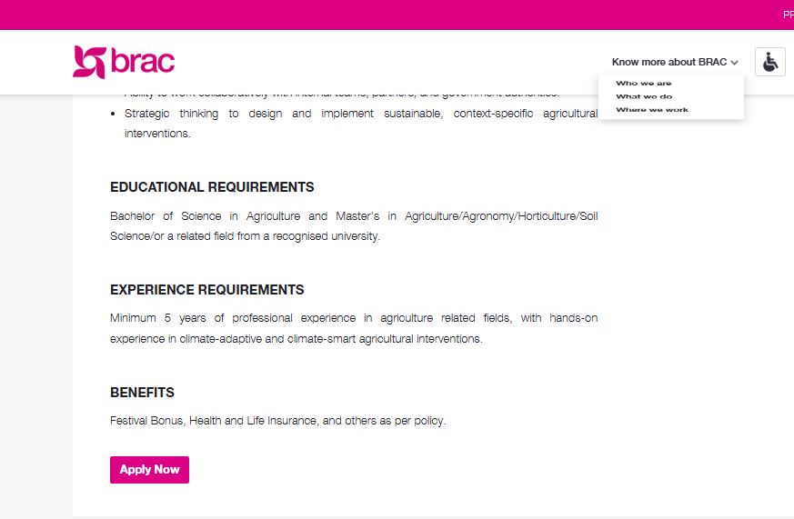 ব্র্যাকের সিনিয়র স্পেশালিস্ট-ক্লাইমেট অ্যাডাপটিভ এগ্রিকালচার পদের চাকরির নতুন নিয়োগ বিজ্ঞপ্তি প্রকাশ