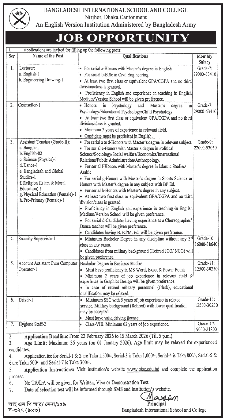 বাংলাদেশ ইন্টারন্যাশনাল স্কুল অ্যান্ড কলেজে (BISC) বিভিন্ন পদে নিয়োগ বিজ্ঞপ্তি প্রকাশ