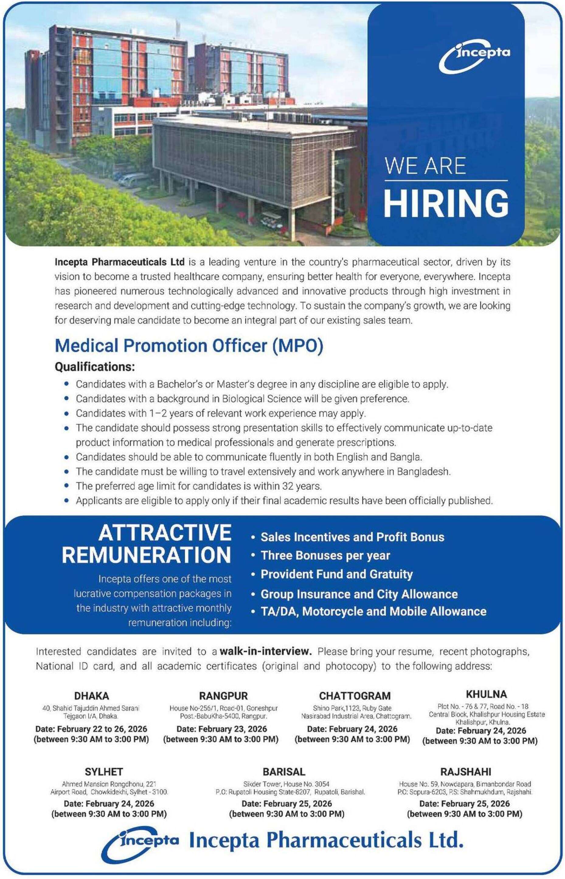 সরাসরি সাক্ষাৎকারে ইনসেপ্টা ফার্মাসিউটিক্যালস লিঃ-এ বিশাল নিয়োগ বিজ্ঞপ্তি প্রকাশ