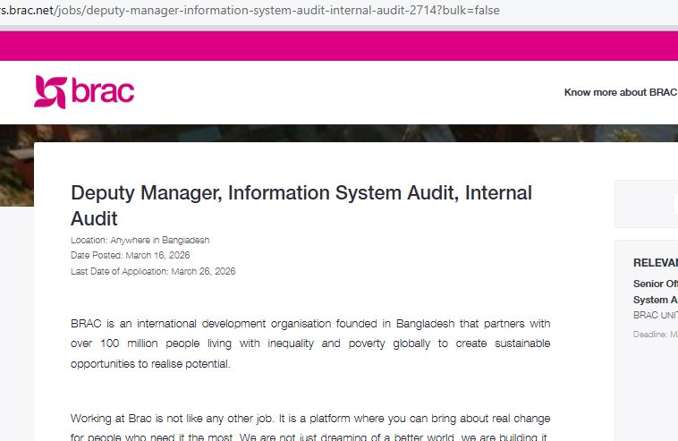 ব্র্যাক (BRAC)-এ Deputy Manager, Information System Audit পদে নিয়োগ বিজ্ঞপ্তি প্রকাশ 