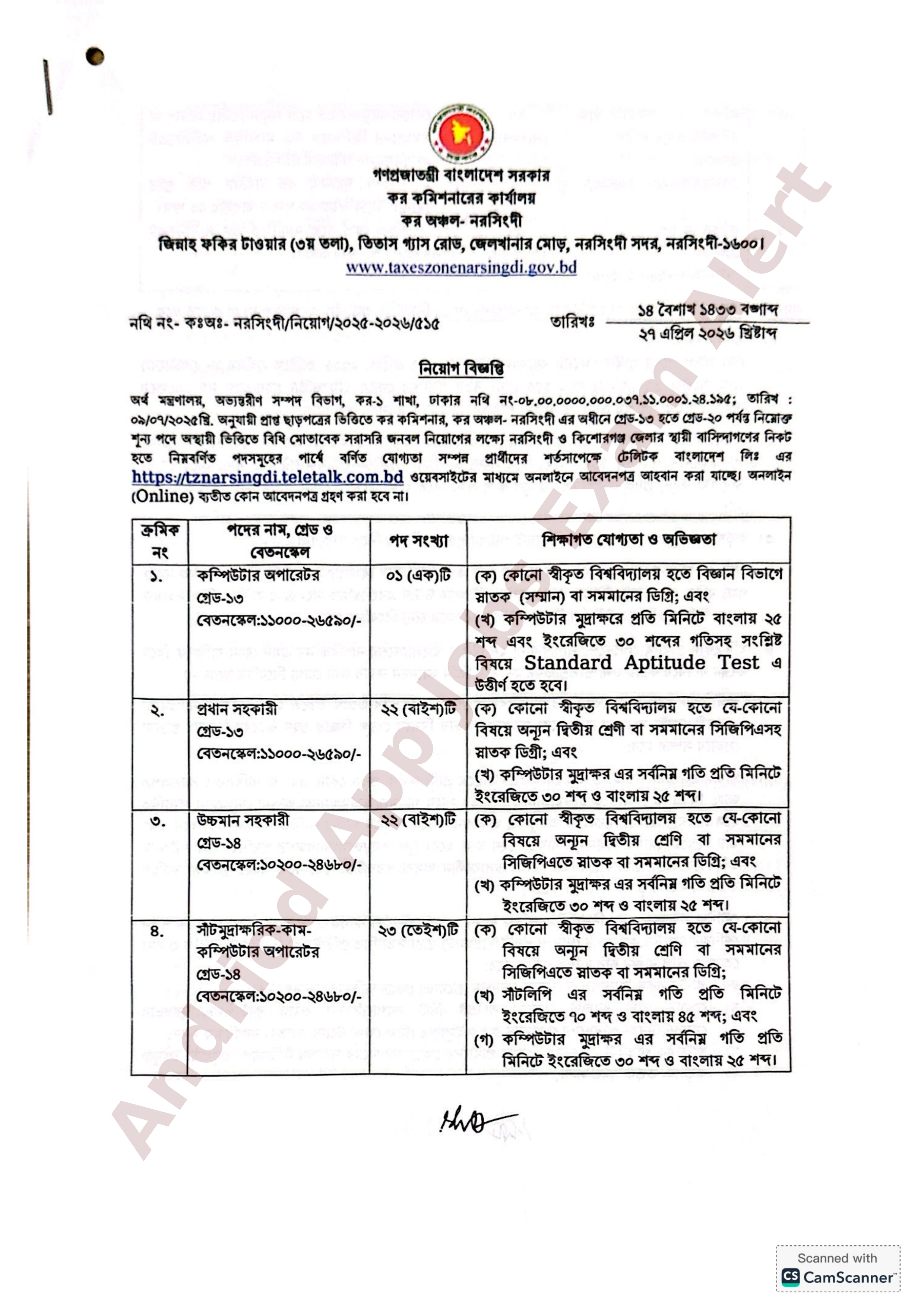 ৯৮৪ পদে কর কমিশনারের কার্যালয়ের নিয়োগ বিজ্ঞপ্তি