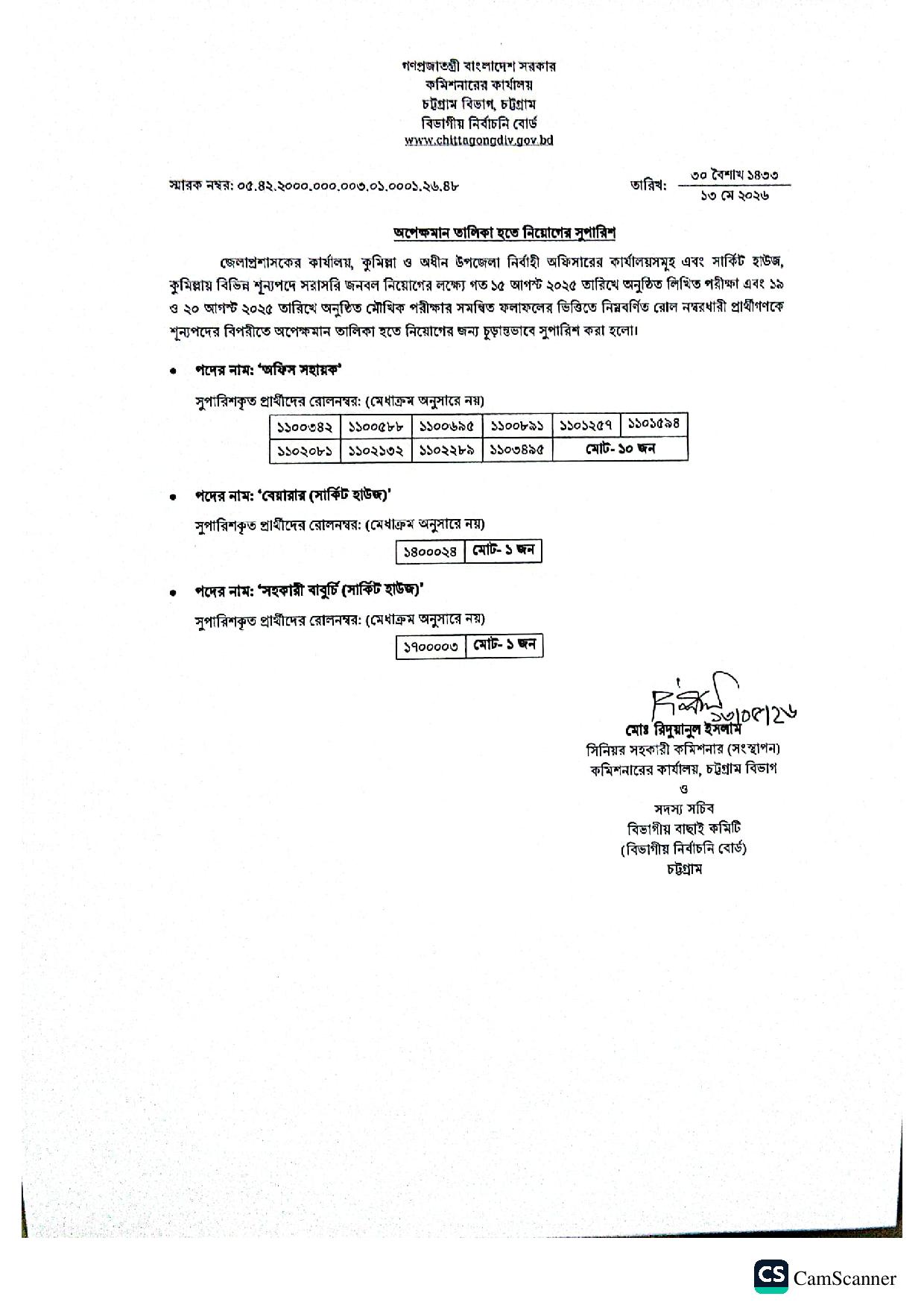 জেলা প্রশাসকের কার্যলয়-কুমিল্লার অপেক্ষমান তালিকা হতে চূরান্ত ফলাফল প্রকাশ