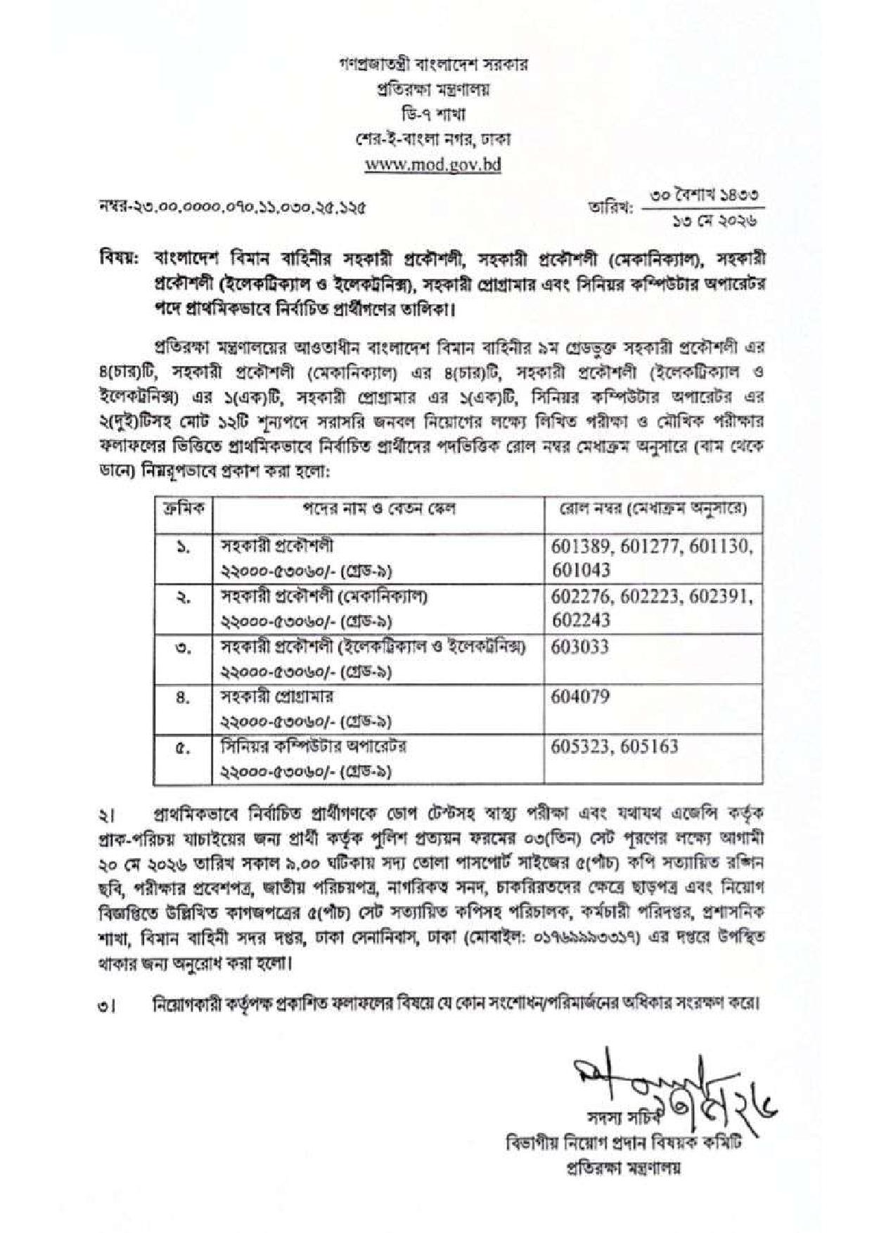 বাংলাদেশ বিমান বাহিনীর বিভিন্ন পদে নিয়োগ পরীক্ষার ফলাফল প্রকাশ